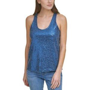 DKNY Womens Party Tank Top Sequined Sleeveless Scoop Neck P0FH8EJM Blue Size XXS